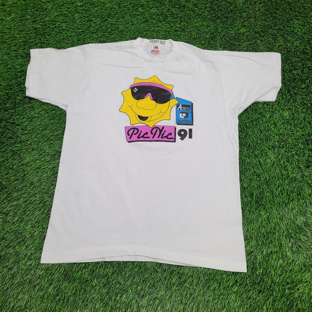 Vintage 90s Funny Sun Shirt Women XL 21x27 White Pic-Nic USA